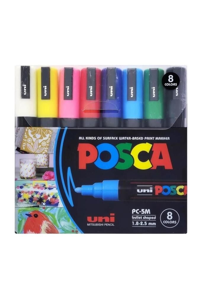 Uni Posca 5m Boyama Markörü Ana Renkler 8'li Set