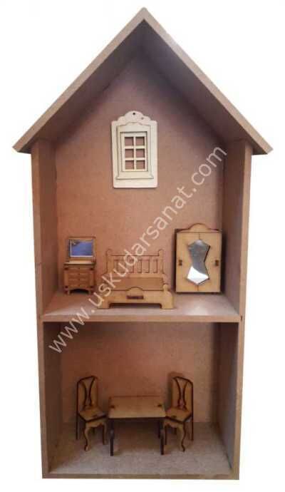 Ev8 İki Katlı Eşyalı Oyun Evi Ahşap Obje