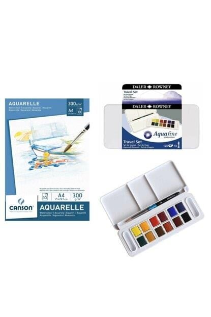 Aquafine Travel Set 12 Renk Sulu Boya + Canson 300 Gr A4 Suluboya Defteri