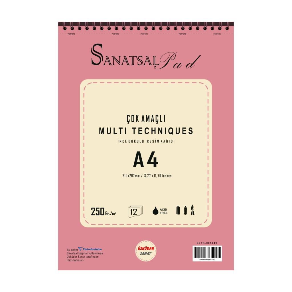 Sanatsal Pad Çok Amaçlı İnce Dokulu Resim Defteri A4 250gr 12 Yaprak Spiralli