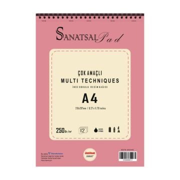 Sanatsal Pad Çok Amaçlı İnce Dokulu Resim Defteri A4 250gr 12 Yaprak Spiralli
