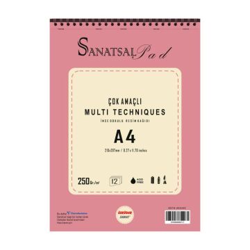 Sanatsal Pad Çok Amaçlı İnce Dokulu Resim Defteri A4 250gr 12 Yaprak Spiralli