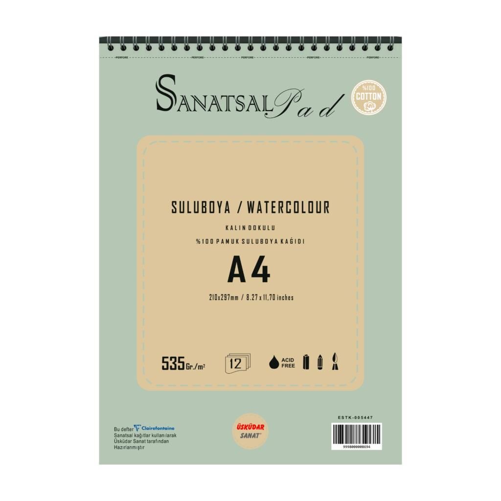 Sanatsal Pad Sulu Boya Resim Defteri A4 535gr 12 Yaprak Spiralli