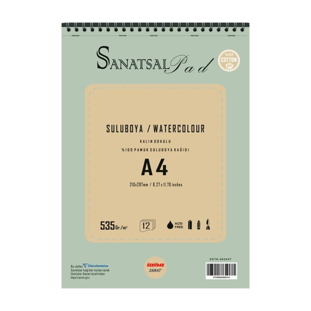 Sanatsal Pad Sulu Boya Resim Defteri A4 535gr 12 Yaprak Spiralli