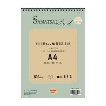 Sanatsal Pad Sulu Boya Resim Defteri A4 535gr 12 Yaprak Spiralli