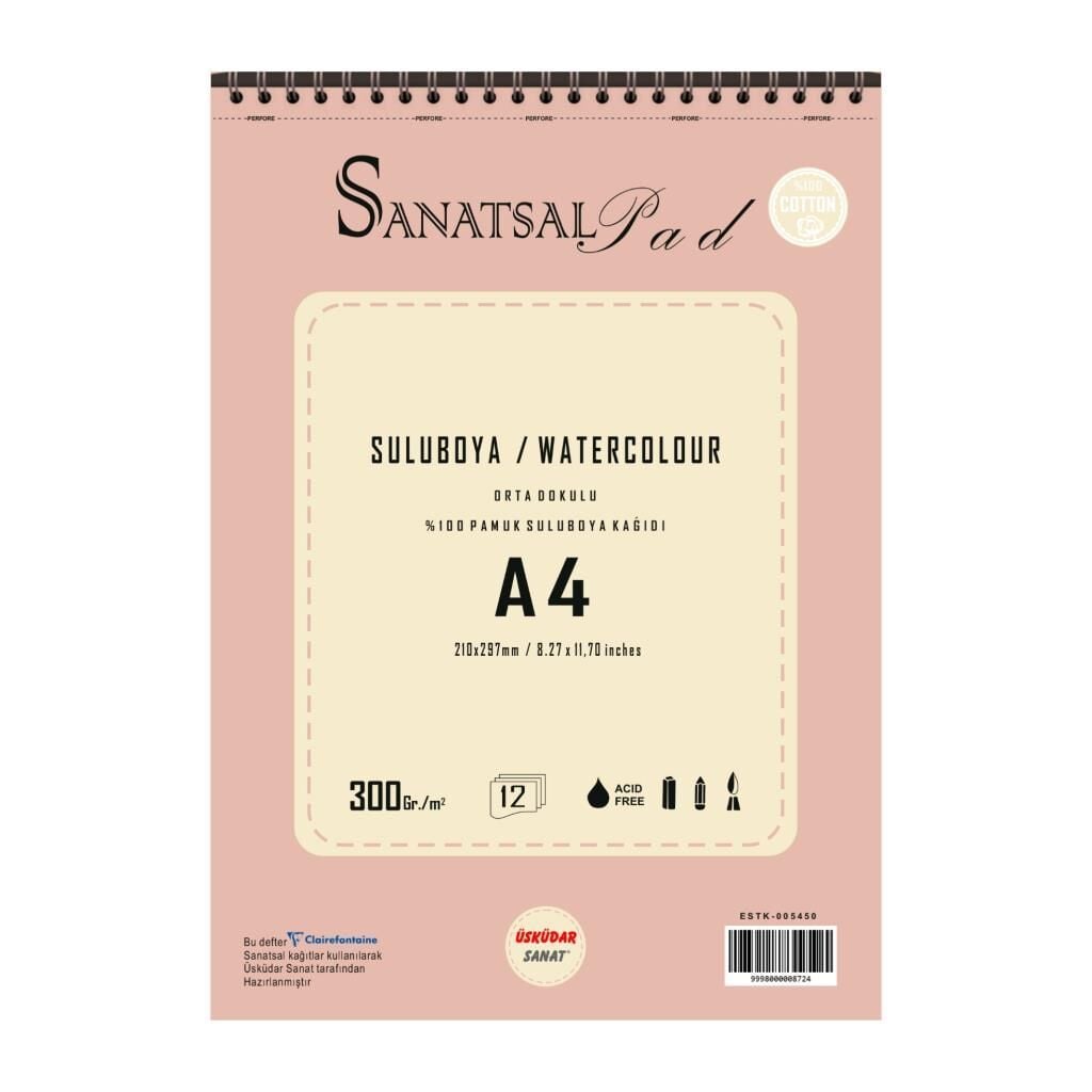 Sanatsal Pad Sulu Boya Resim Defteri A4 300gr 12 Yaprak Spiralli %100 Coton