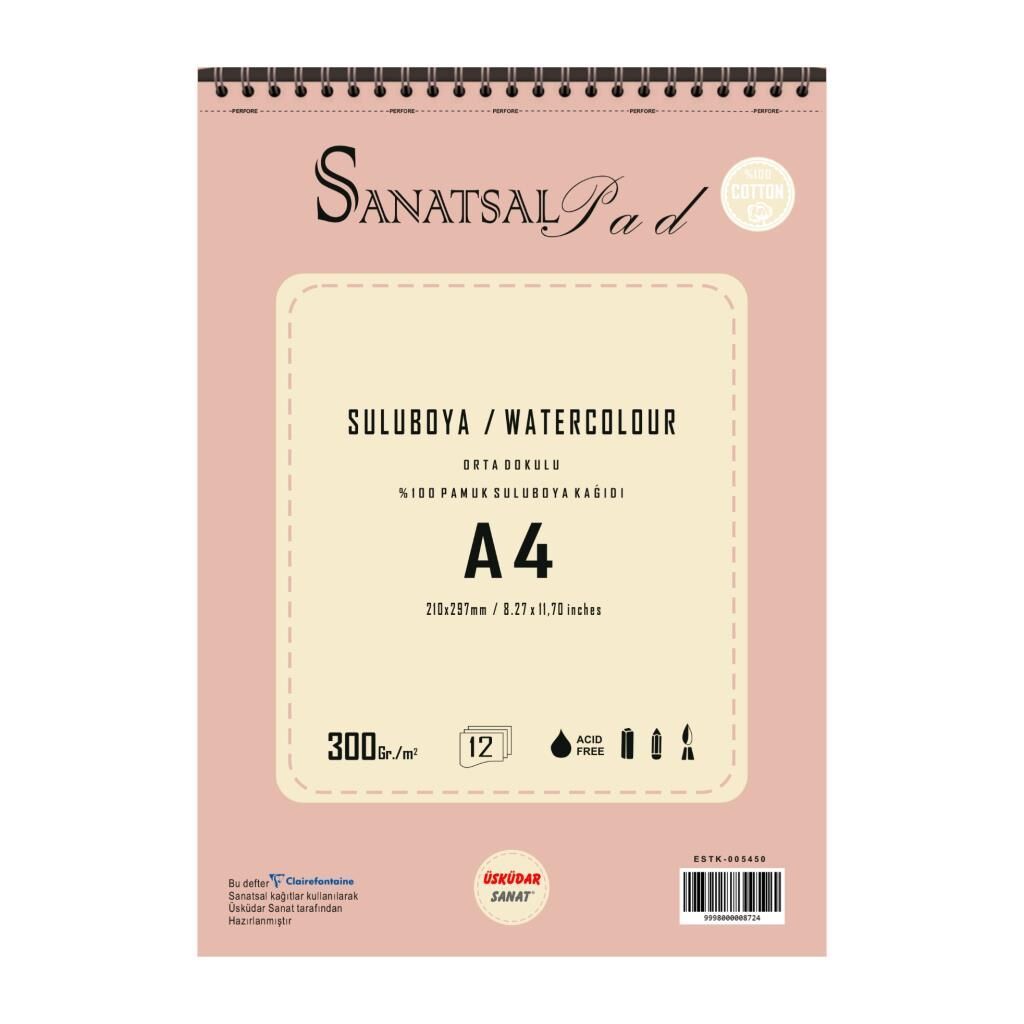 Sanatsal Pad Sulu Boya Resim Defteri A4 300gr 12 Yaprak Spiralli %100 Coton
