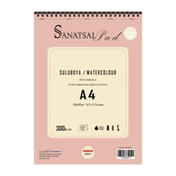 Sanatsal Pad Sulu Boya Resim Defteri A4 300gr 12 Yaprak Spiralli %100 Coton