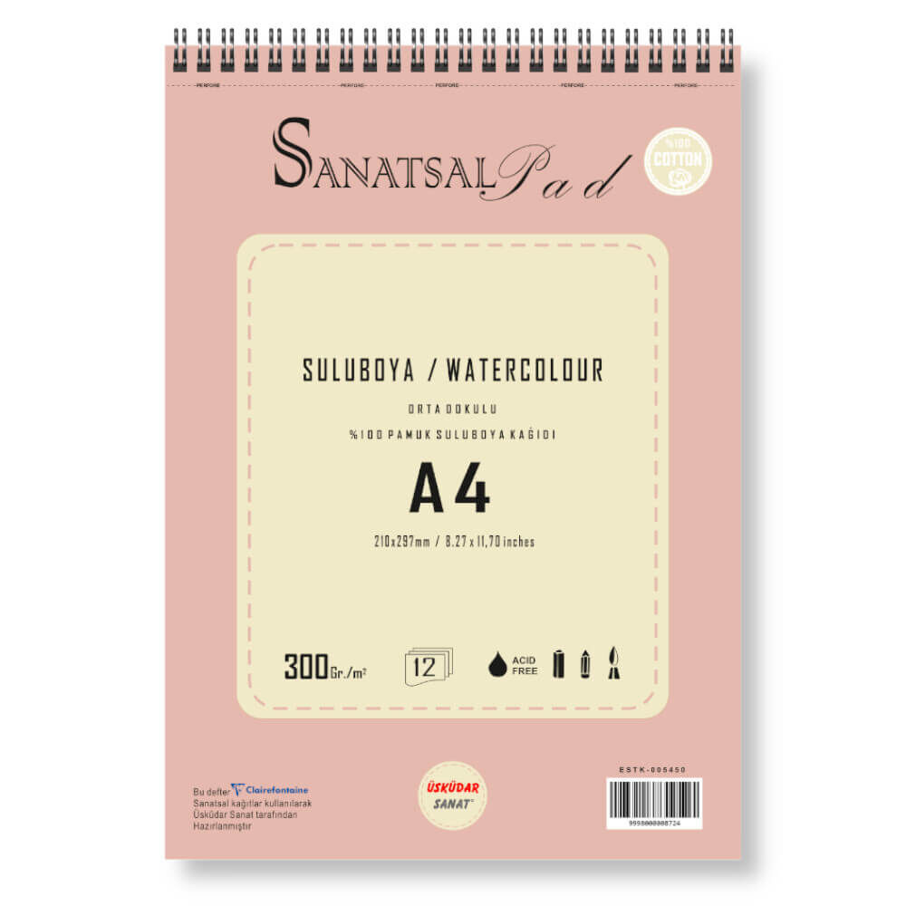 Sanatsalpad %100 Pamuklu Spiralli Suluboya Defteri 300 gr A4 12 Yaprak