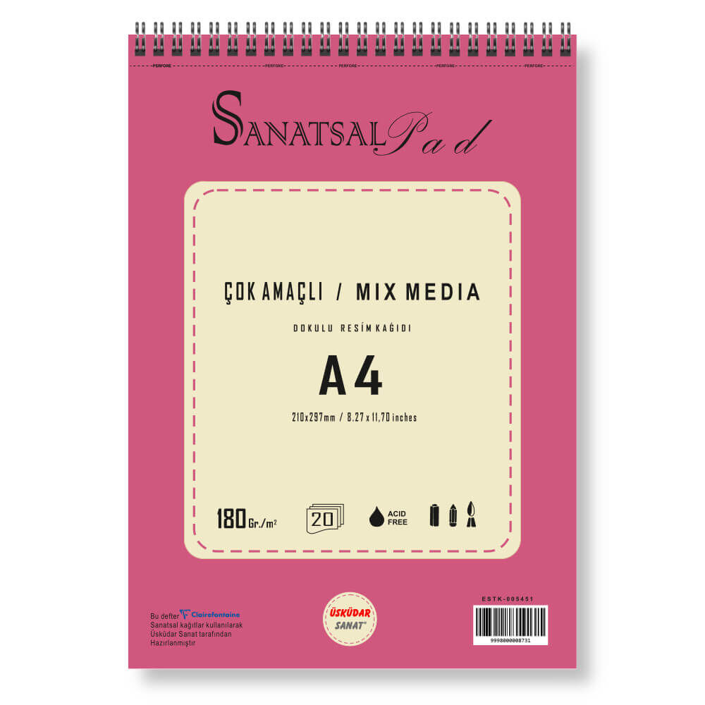 Sanatsalpad Multi Teknik Dokulu Spiralli Resim Defteri 180 gr A4 20 Yaprak