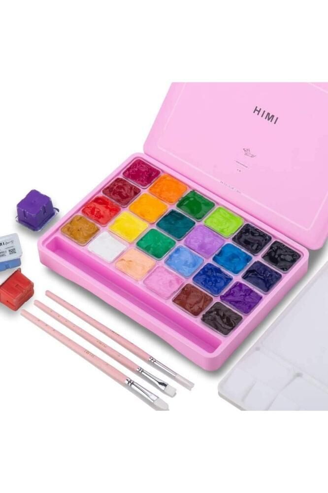 HIMI Jelly Cup Gouache Set 24 Renk x 30 gr Guaj Boya + 3 Fırça (Pink Case)