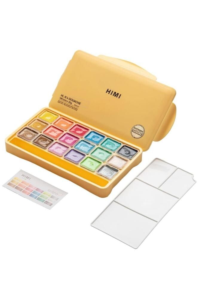 HIMI Jelly Cup Gouache Set 18 Renk x 30 gr Metalik Renk Guaj Boya (Yellow Case)
