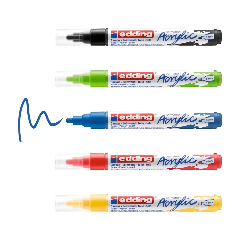 Edding 5100 Akrilik Markör 5’Li Paket (Temel) - Siyah Kırmızı Mavi Sarı Sarı-Yeşil - 2-3 Mm’Lik Yuvarlak Uç