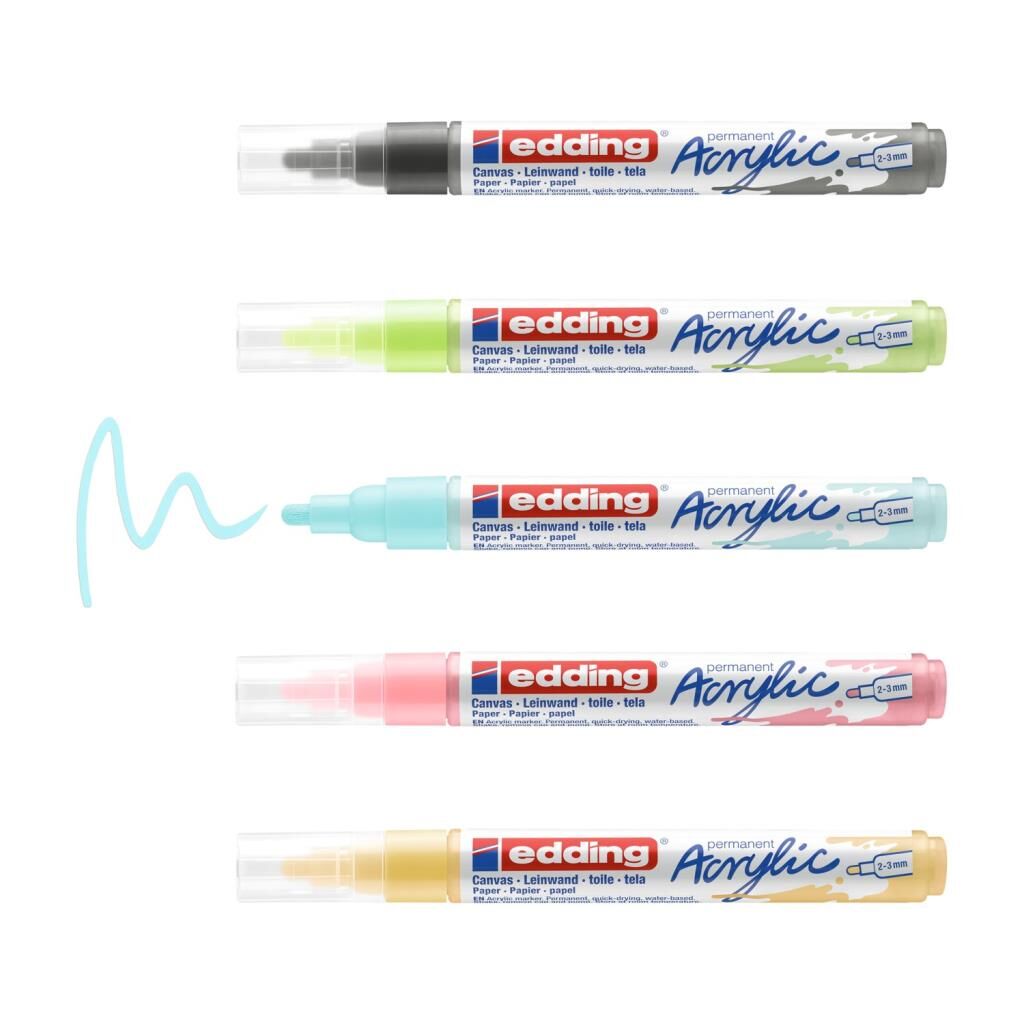 Edding 5100 Akrilik Markör 5’Li Paket (Pastel) - Sarı Mavi Yeşil Gül Gri - 2-3 Mm’Lik Yuvarlak Uç