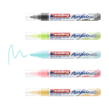 Edding 5100 Akrilik Markör 5’Li Paket (Pastel) - Sarı Mavi Yeşil Gül Gri - 2-3 Mm’Lik Yuvarlak Uç