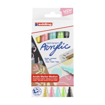 Edding 5100 Akrilik Markör 5’Li Paket (Pastel) - Sarı Mavi Yeşil Gül Gri - 2-3 Mm’Lik Yuvarlak Uç