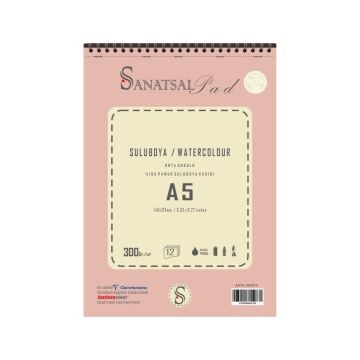 Sanatsal Pad Sulu Boya Resim Defteri A5 300gr 12 Yaprak Spiralli %100 Coton