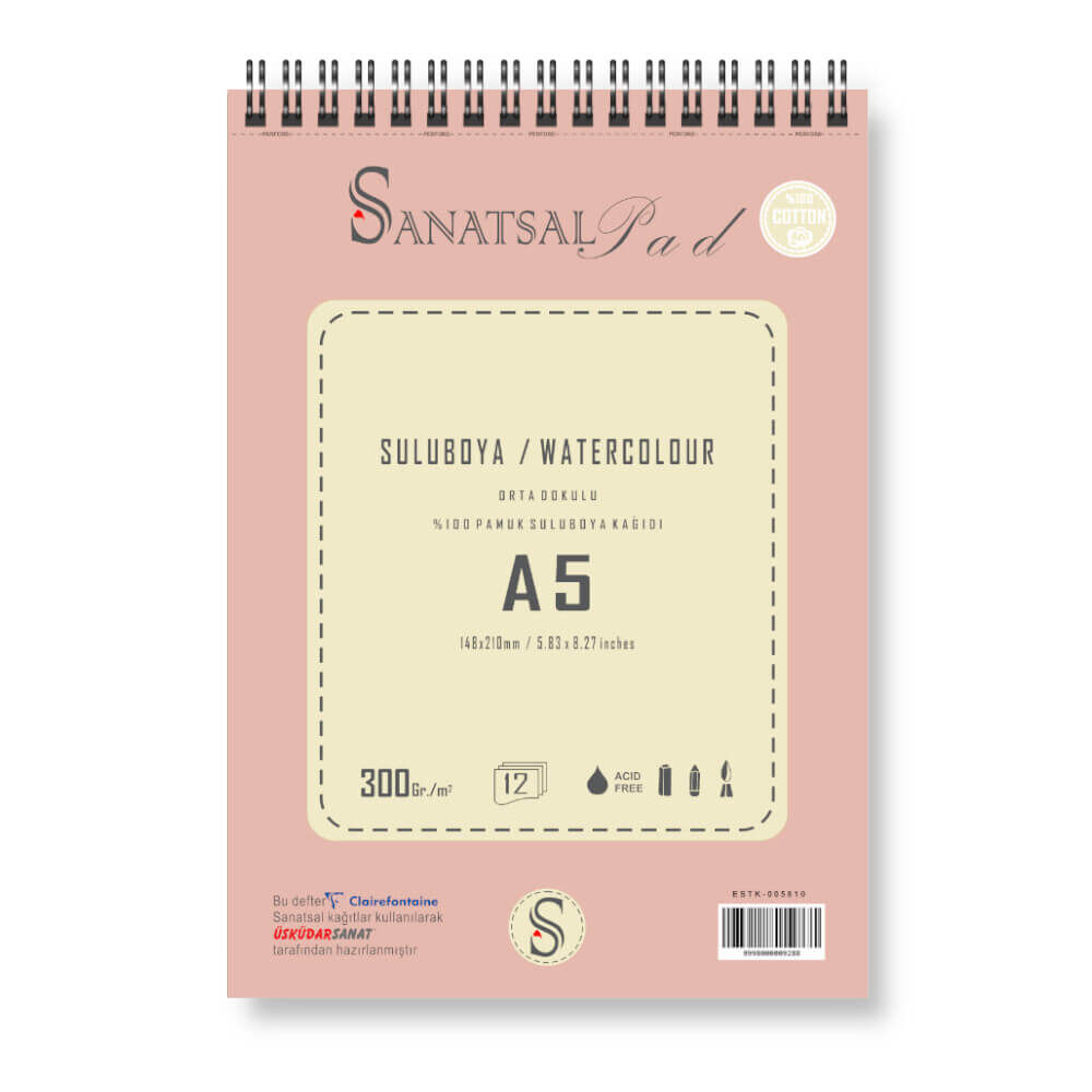 Sanatsalpad %100 Pamuklu Spiralli Suluboya Defteri 300 gr A5 12 Yaprak