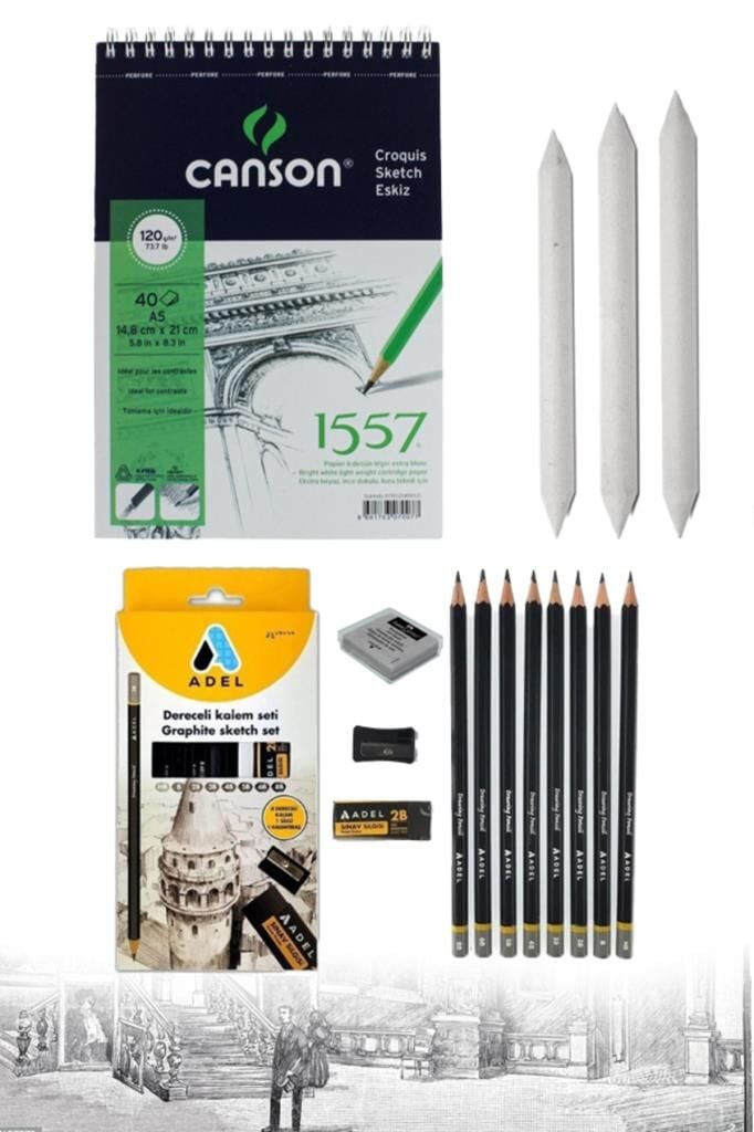 Eskiz Seti Karakalem Çizim Seti Canson A5 Çizim Defteri Adel Dereceli Kalem seti Pastel Dağıtıcı