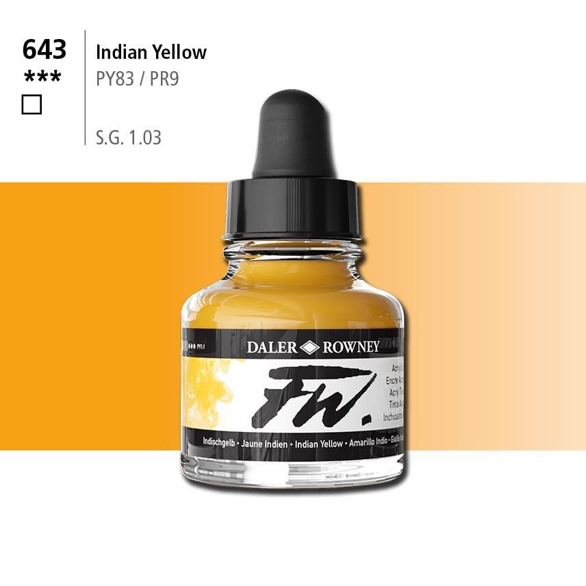 Daler Rowney Fw Acrylic Artisits Ink 29.5 ml Damlalıklı Cam Şişe Indian Yellıw 643