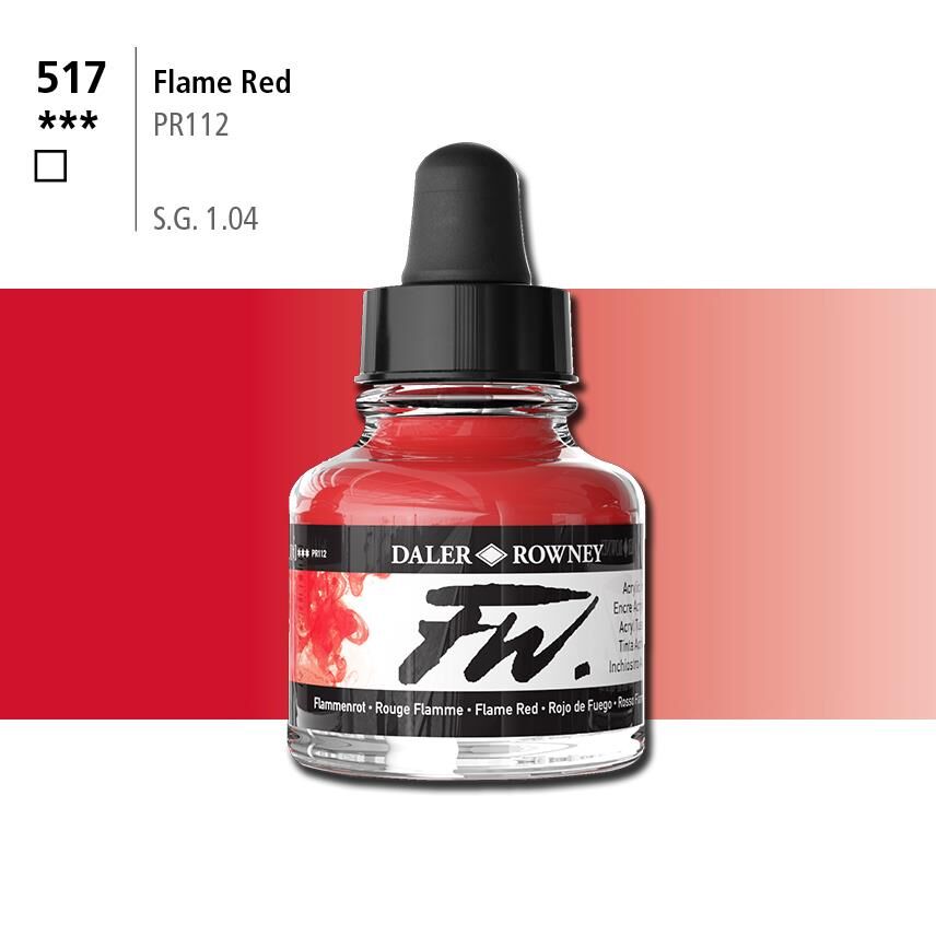 Daler Rowney Fw Acrylic Artisits Ink 29.5 ml Damlalıklı Cam Şişe Flame Red 517