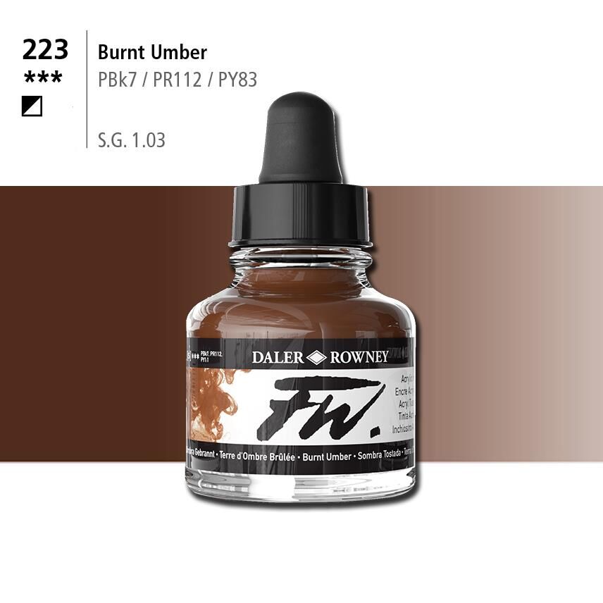 Daler Rowney Fw Acrylic Artisits Ink 29.5 ml Damlalıklı Cam Şişe Burnt Umber 223