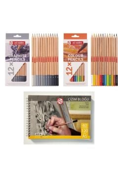 Eskiz Başlangıç Seti - A5 Defter - 12'li Dereceli Kalem Seti Ve 12'li Kuru Boya Seti